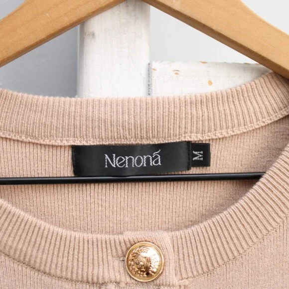 NENONA Tan Knit Long Sleeve Gold Button Mini Dress Size Medium - Picture 4 of 6